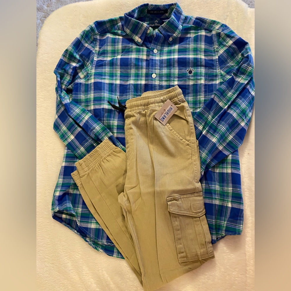 Highland Khaki Jogger Pants 14/16 with simply southern Blue  Plaid Shirt small
